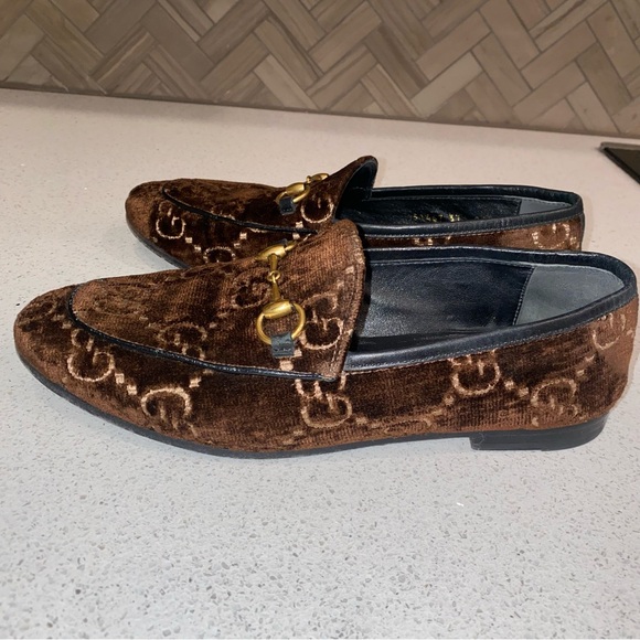 GUCCI • Brown Tan Velvet Jordaan Loafer - Size 7/ 37 - Picture 9 of 10